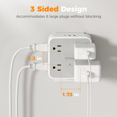 11 In 1 Wall Outlet Extender With 8 Sockets 1 USB C And 2 USB A Ports Surge Protector installed with plug measurements