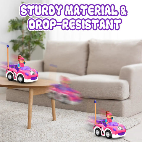 Toddler Friendly Remote Control Car For Girls Aged 2 To 4 Simple Two Button RC Vehicle With Lights And Music Kiddo Approved Easy Forward Backward Navigation Cute Pink Toy Gift For Little Girls Birthday driving off table