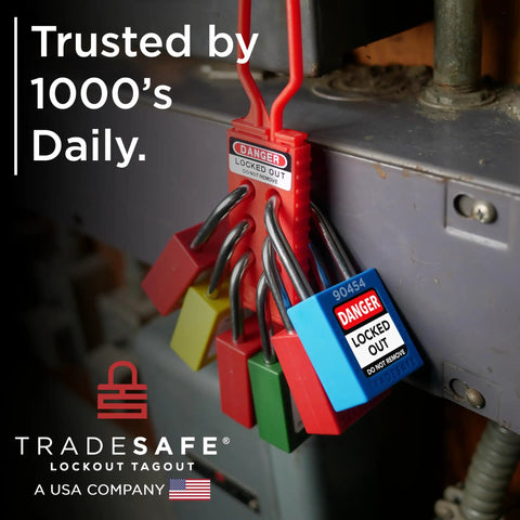 Blue Lockout Tagout Padlock Set With Seven Keyed Different Locks And Two Keys Per Lock, OSHA compliant safety locks on machinery