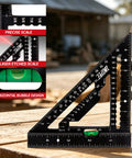 Pro Shop Grade Four Point Five Inch Aluminum Rafter Square With Built In Level And Tough Woodworking Triangle Ruler featuring crisp laser etch marks.