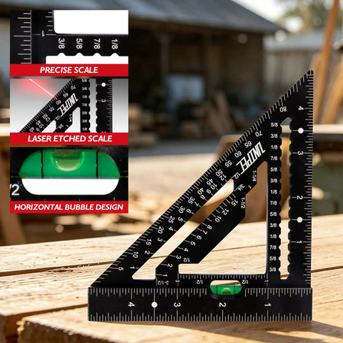 Pro Shop Grade Four Point Five Inch Aluminum Rafter Square With Built In Level And Tough Woodworking Triangle Ruler featuring crisp laser etch marks.