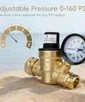 Front view of brass TONDA RV water pressure regulator with gauge on sandy beach