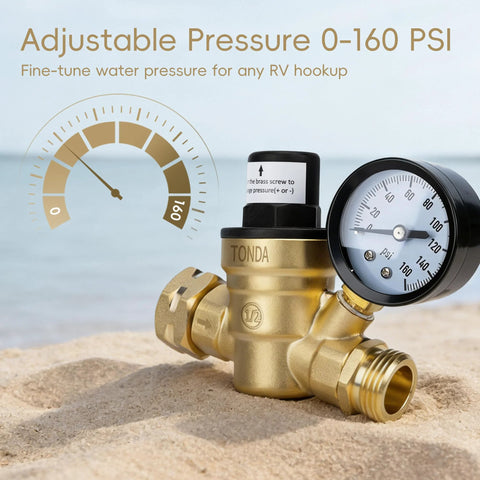 Front view of brass TONDA RV water pressure regulator with gauge on sandy beach