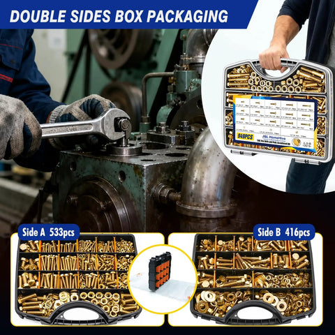 Heavy Duty Grade 8 Zinc Yellow Coated Bolts And Nuts Assortment Kit With Case For Auto Repair And DIY Projects One Quarter Twenty Five Sixteenths Eighteen Three Eighths Sixteen One Half Thirteen Hex Bolts Nuts And Washers Set For Garage Or Shop Use, 949-piece case
