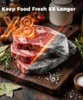 Sliced steak with rosemary on a wooden board, showcasing freshness with Heavy Duty Vacuum Sealer Machine With 95KPa Suction Full Auto.