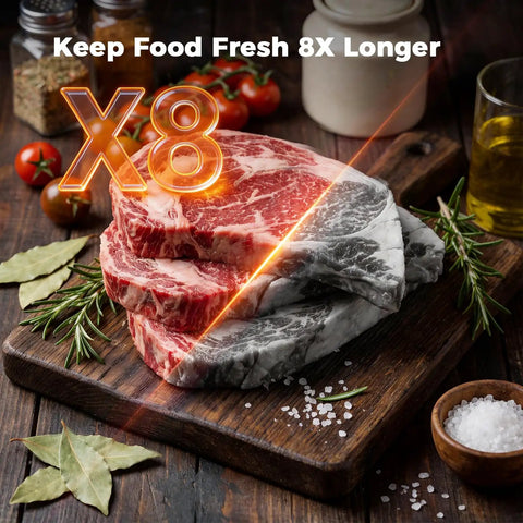 Sliced steak with rosemary on a wooden board, showcasing freshness with Heavy Duty Vacuum Sealer Machine With 95KPa Suction Full Auto.