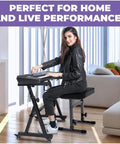 Piano Keyboard Stand And Bench Set Portable Heavy Duty Music Stand For 54 To 88 Keyboards with adjustable height and wheels, woman playing.