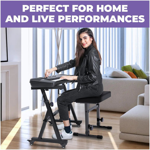 Piano Keyboard Stand And Bench Set Portable Heavy Duty Music Stand For 54 To 88 Keyboards with adjustable height and wheels, woman playing.