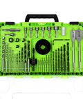 Ninety Piece Impact Driver Bit Set For Wood Metal And Masonry Drilling With Hss Drill Bits Carbon Steel hole saws organized in green case.
