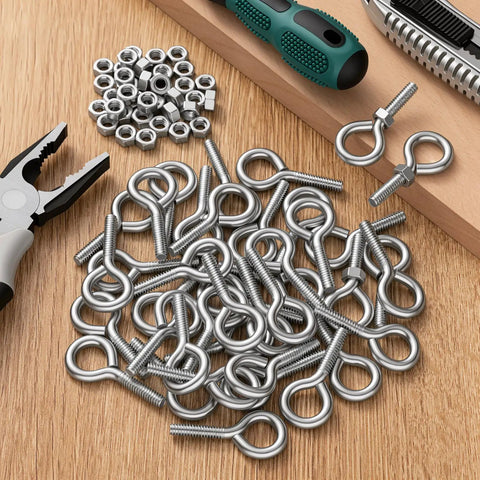 Eye Bolts With Nuts Galvanized Steel For Hanging Cable Routing And Anchoring 1/4-20 Threaded Screws 40 Pack Heavy Duty Hardware For DIY Furniture Garage And Outdoor Projects, with nuts on wood surface