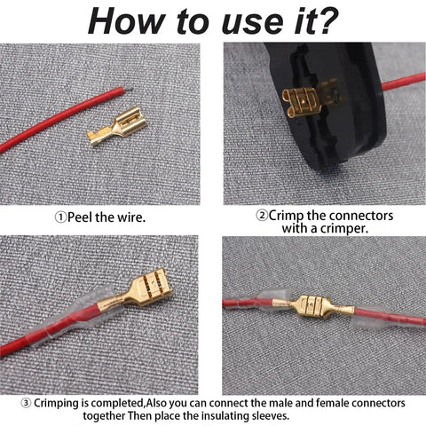 Steps to use 640 Piece Spade And Bullet Terminal Crimp Kit With Insulating Sleeves for audio and electrical wiring projects