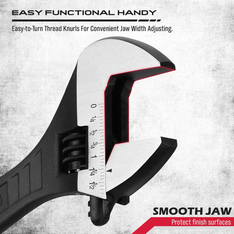 Close-up of an adjustable wrench from a 4 Piece Adjustable Wrench Set With 6, 8, 10, 12 Inch Sizes In Chrome Vanadium Steel