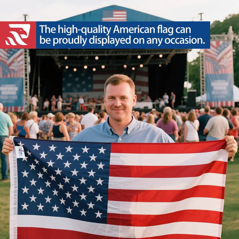 Man holding Built Tough Durable Nylon Outdoor Flag 3x5 Ft Waterproof Embroidered All Weather US Made Heavy Duty American Flag.