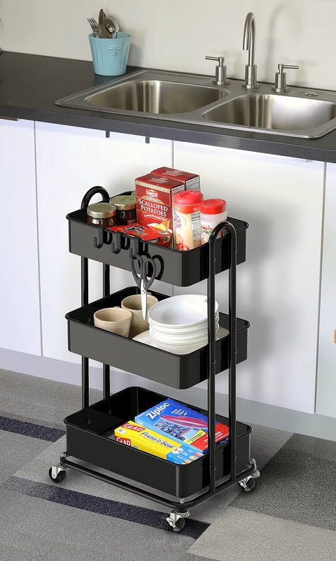 Beefy Steel Frame 3 Tier Metal Utility Rolling Cart With Black Finish For Home Kitchen, loaded with pantry items, on casters.