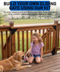 Girl playing with dog near a wooden deck featuring Heavy Duty Sliding Gate Hardware Kit With Anti Sag Roller Braces Rocks Solid For Fences Butter Smooth No Sweat DIY Install Fits One To Two Inch Wood Frames For Yards Pools And Driveways.