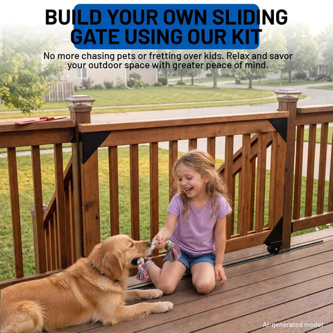 Girl playing with dog near a wooden deck featuring Heavy Duty Sliding Gate Hardware Kit With Anti Sag Roller Braces Rocks Solid For Fences Butter Smooth No Sweat DIY Install Fits One To Two Inch Wood Frames For Yards Pools And Driveways.