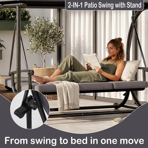 Woman relaxing on Modern Outdoor Patio Swing With Adjustable Canopy, 2 In 1 Porch Swing Bed With Removable Cushion, Gray