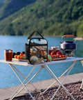 Colorful Starfish Beach Lunch Box Insulated Tote With Side Pocket on picnic table by lake