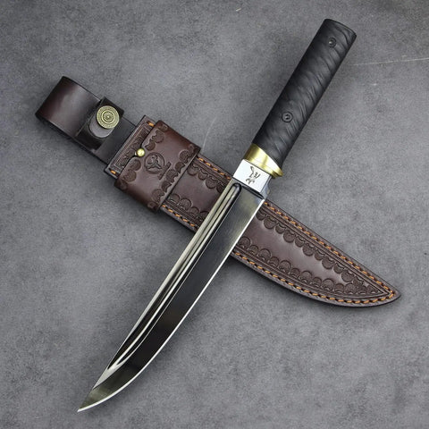 Tactical Wakizashi Full Tang Fixed Blade Knife, 14-Inch DLC Coated Sleipner Steel with G10 Handle and Leather Sheath