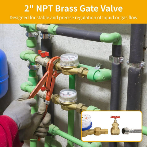 Heavy Duty 2 Inch NPT Brass Gate Valve With Red Wheel Handle Female X Female Thread Manual Rotary Shut Off Valve installed