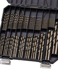 Cobalt Drill Bit Set For Hardened Metal And Stainless Steel 122 Pieces M35 High Speed Steel Twist Jobber Bits One Sixteenth To One Half Inch With Beefy Plastic Index Storage Case displayed in open case