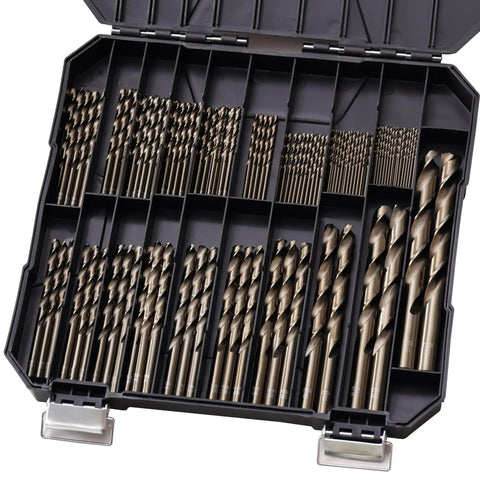 Cobalt Drill Bit Set For Hardened Metal And Stainless Steel 122 Pieces M35 High Speed Steel Twist Jobber Bits One Sixteenth To One Half Inch With Beefy Plastic Index Storage Case displayed in open case