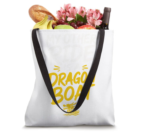 Dragon Boat Racing Tote Bag For Paddlers And Crew Members filled with groceries and flowers, 16x16 durable white bag with black handles.