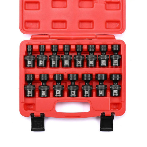 Shallow Universal Impact Socket Set Built Tough 3/8 Inch Drive, 6 Point, Metric 8-22mm, CR-MO Steel, 15-piece in red case