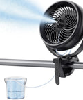 Eight Inch Portable Misting Fan With Secure Clip Mount Heavy Duty Battery Operated Cooling Setup with fine mist spray and water reservoir.