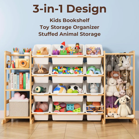 Ultimate Toy Storage Organizer With Bookshelf And 12 Removable Bins for Kid's Playroom, stuffed toys and books organized