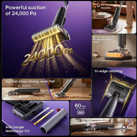 No Hassle Wet Dry Vacuum Cleaner Featuring Self Wash And Hot Air Dry Mode 24Kpa Serious Suction demonstrating powerful suction of 24000 Pa.