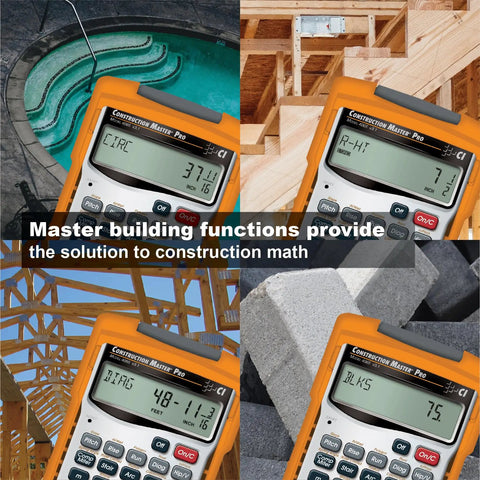 Do It All Construction Master Pro Calculator For Contractors And Builders With Feet Inch Fraction Math Quick Layouts Bids Estimates And Unit Conversions You Prefer shown with various construction scenes