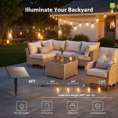 Outdoor patio with 54Ft Solar String Lights Outdoor Weatherproof With USB Charging Remote Dimmable Timable illuminating backyard.