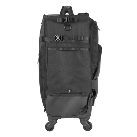 Front view of 58T Pro Camera Trolley Bag and Backpack for DSLR and Mirrorless Gear with Removable Partitions, Four Wheels in Black.