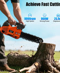 Person using 12 Inch Top Handle Gas Chainsaw With Quick Start 25.4cc 2 Stroke Petrol Power For Pro Tree Cutting.