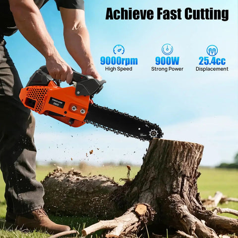Person using 12 Inch Top Handle Gas Chainsaw With Quick Start 25.4cc 2 Stroke Petrol Power For Pro Tree Cutting.