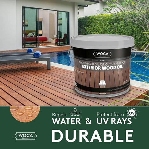 Exterior Wood Oil For Outdoor Surfaces A Water Based Penetrating Stain That Really Soaks In Deep For Decks Fences Siding And Outdoor Furniture Natural Finish 2.5L container by a poolside deck