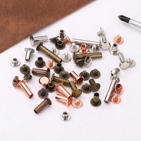 Hella Durable M5x22mm Chicago Screw Posts With Phillips Heads and Nail Rivet Studs for Leathercraft Projects assortment of smooth finish hardware.