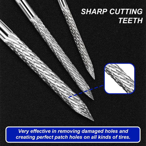 Close-up of A Tough As Nails Three Piece Tire Reamer Drill Bit Set Featuring Sharp Carbide Burrs for precision tire repairs.