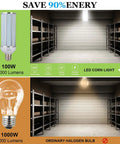 Image comparing 100W LED Corn Bulbs 12000 Lumens Beefed Up Brightness Daylight 5000K with ordinary halogen bulb lighting in a warehouse.