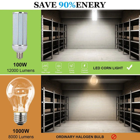 Image comparing 100W LED Corn Bulbs 12000 Lumens Beefed Up Brightness Daylight 5000K with ordinary halogen bulb lighting in a warehouse.
