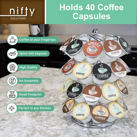 Chrome 40-Pod Lazy Susan K-Cup Pod Carousel Organizer for Home and Office on kitchen counter, 360-Degree Spin, Fits K-Cups