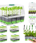 5 Pack Reusable 60 Cell Seed Starter Trays With Humidity Dome, showing silicone trays with seedlings and included gardening tools.