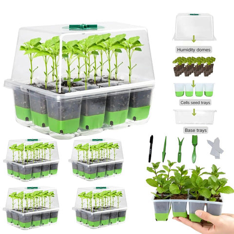 5 Pack Reusable 60 Cell Seed Starter Trays With Humidity Dome, showing silicone trays with seedlings and included gardening tools.