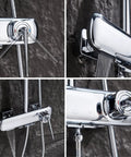 Wall Mount Shower Systems with Rain Shower Handheld and Tub Spout Chrome, close-up of chrome fixtures and controls.
