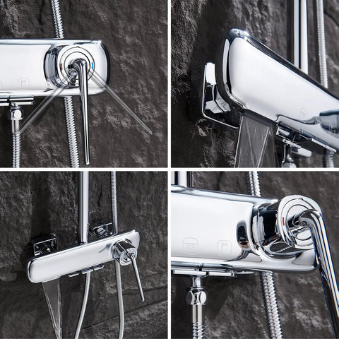 Wall Mount Shower Systems with Rain Shower Handheld and Tub Spout Chrome, close-up of chrome fixtures and controls.