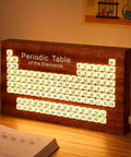 Solid Wood Periodic Table Desk Lamp With Warm Led Glow Usb Powered Science Study Gear A Hella Bright Setup For Chemistry Classrooms Dorms And Teacher Gifts Right Now on wooden desk, glowing elements.