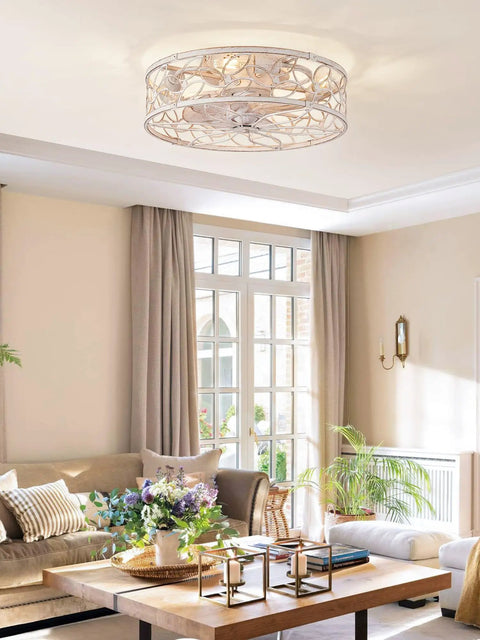 Total Game Changer Caged Ceiling Fan With Bright Light And Remote, Flush Mount Fandelier in white and gold lace look.