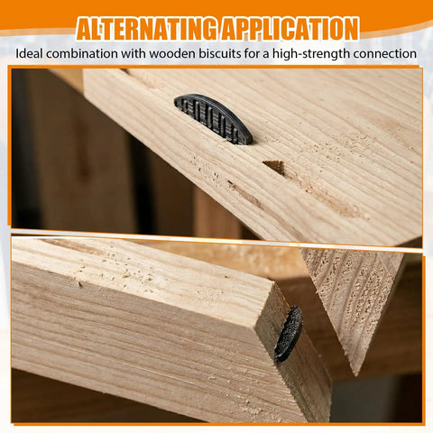 Close-up of Budget-Friendly Biscuit Joiner Kit with plastic biscuit in wood joint, showcasing ease of use for woodworking projects.
