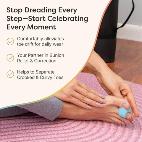 Using gel toe separators for bunions and big toe alignment, silicone spacers for noninvasive pain relief and toe realignment, blue